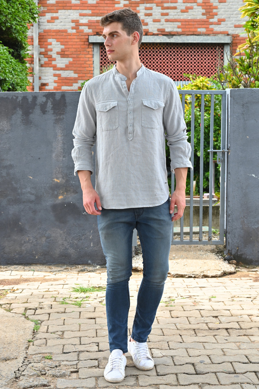 Joshua - Textured Kurta Pocketed Shirt - Grey