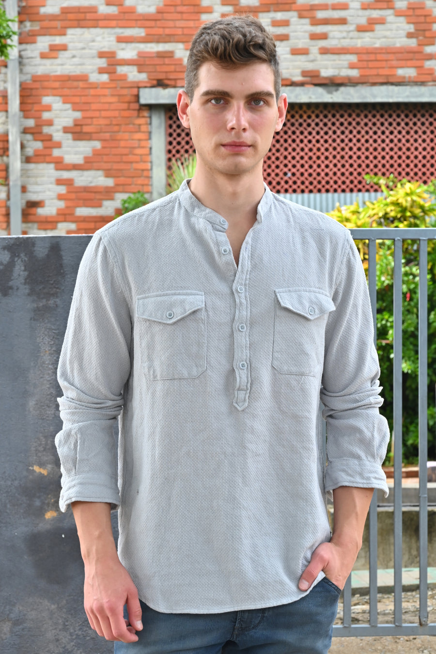 Joshua - Textured Kurta Pocketed Shirt - Grey