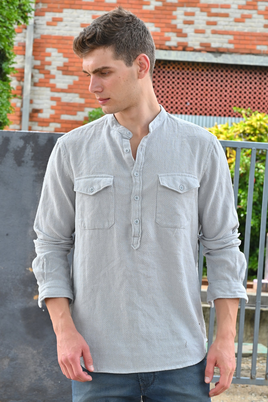 Joshua - Textured Kurta Pocketed Shirt - Grey