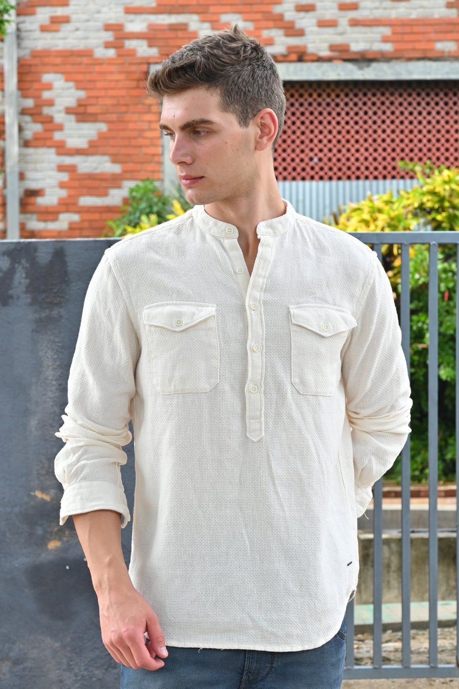 Joshua - Textured Kurta Pocketed Shirt - Off White