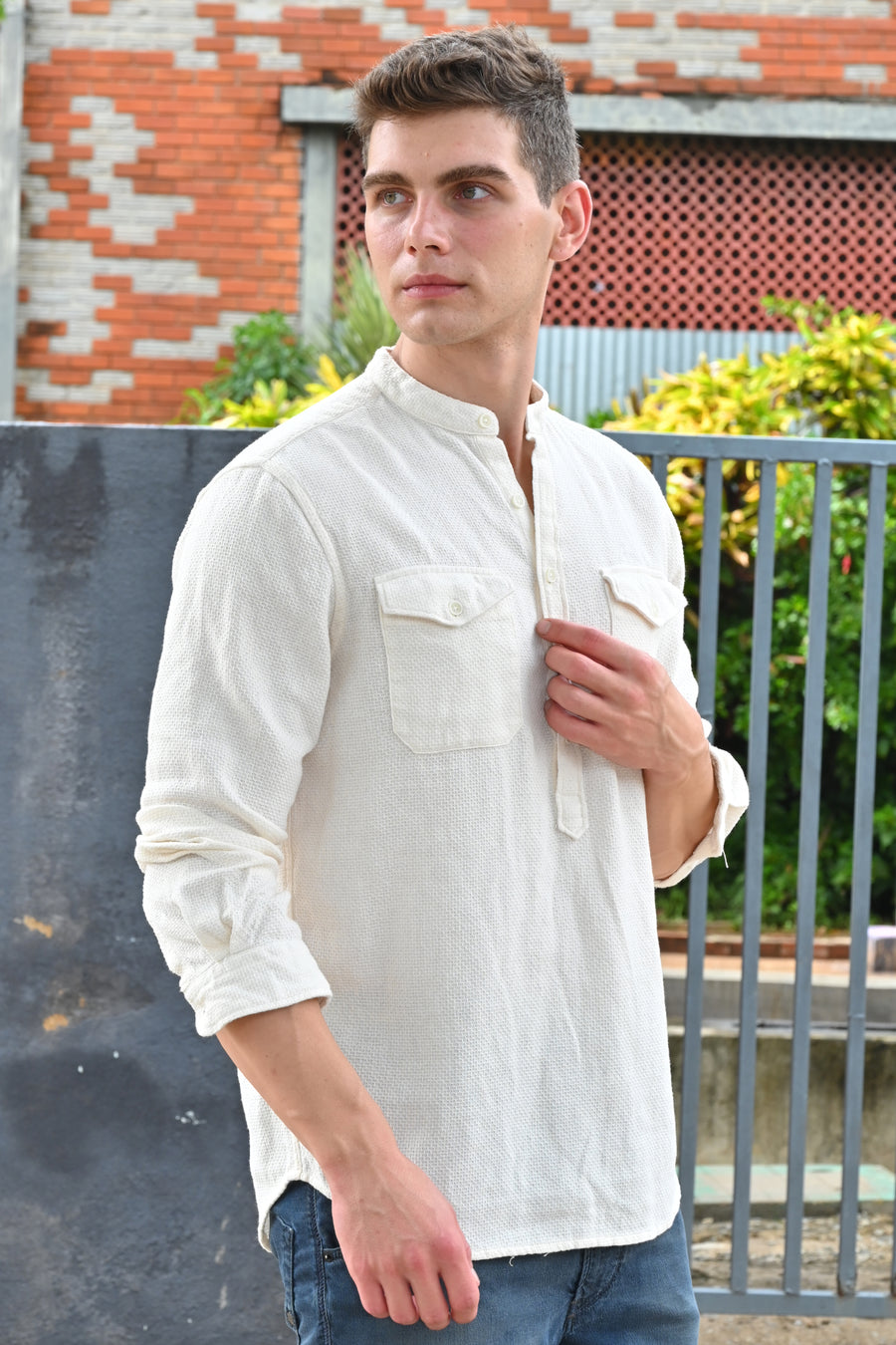 Joshua - Textured Kurta Pocketed Shirt - Off White