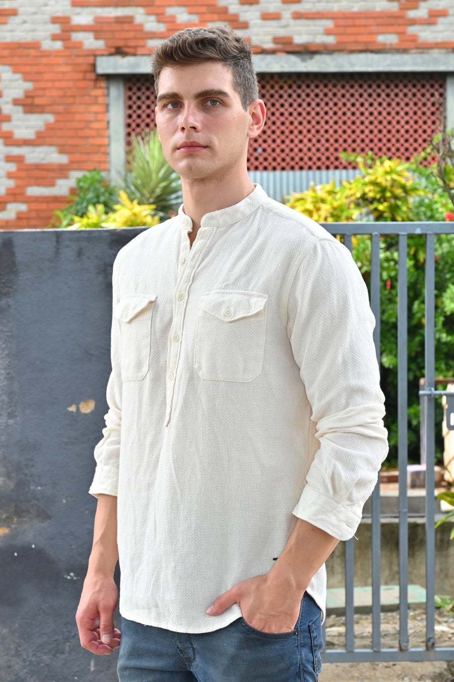 Joshua - Textured Kurta Pocketed Shirt - Off White