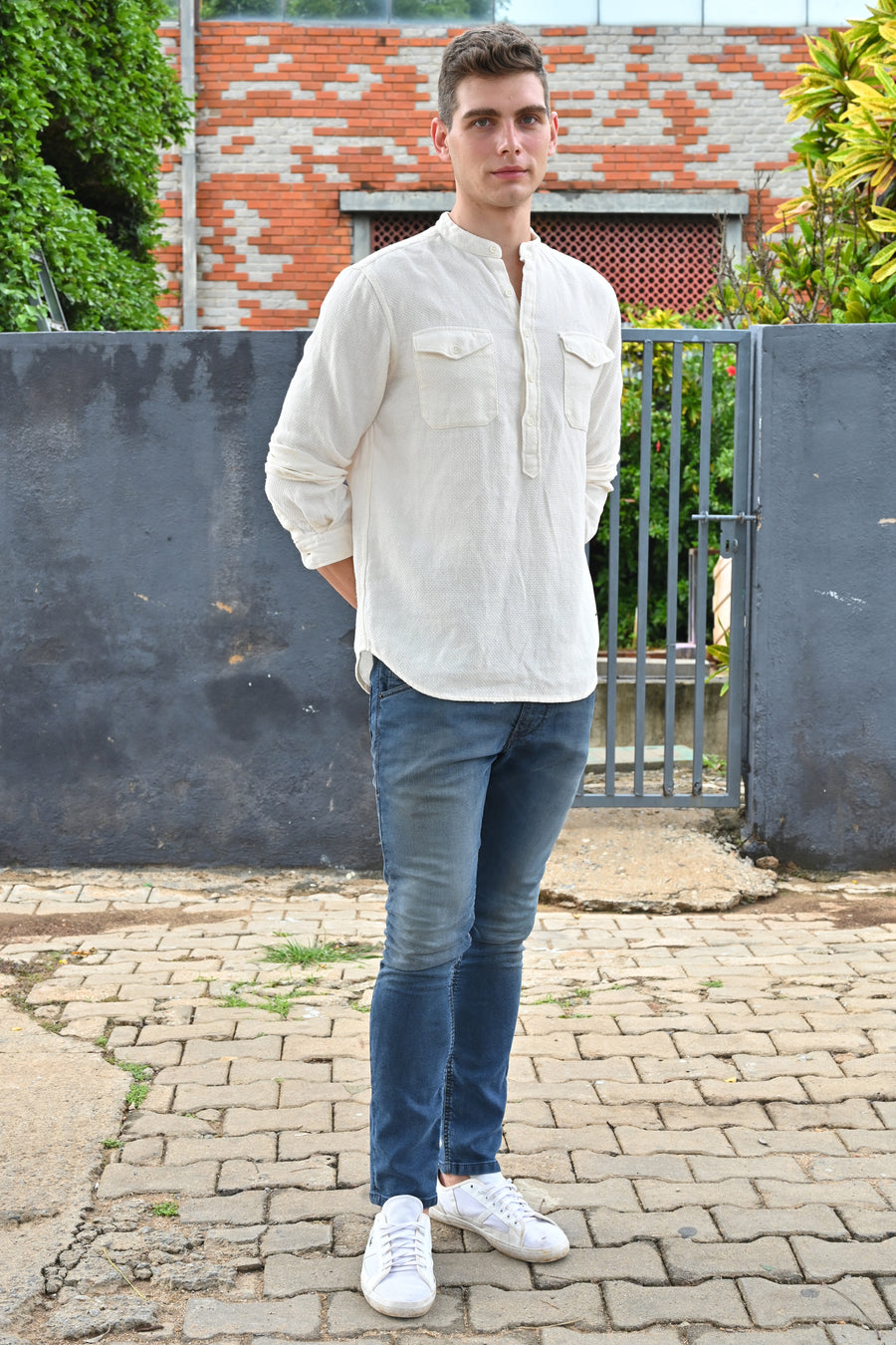 Joshua - Textured Kurta Pocketed Shirt - Off White