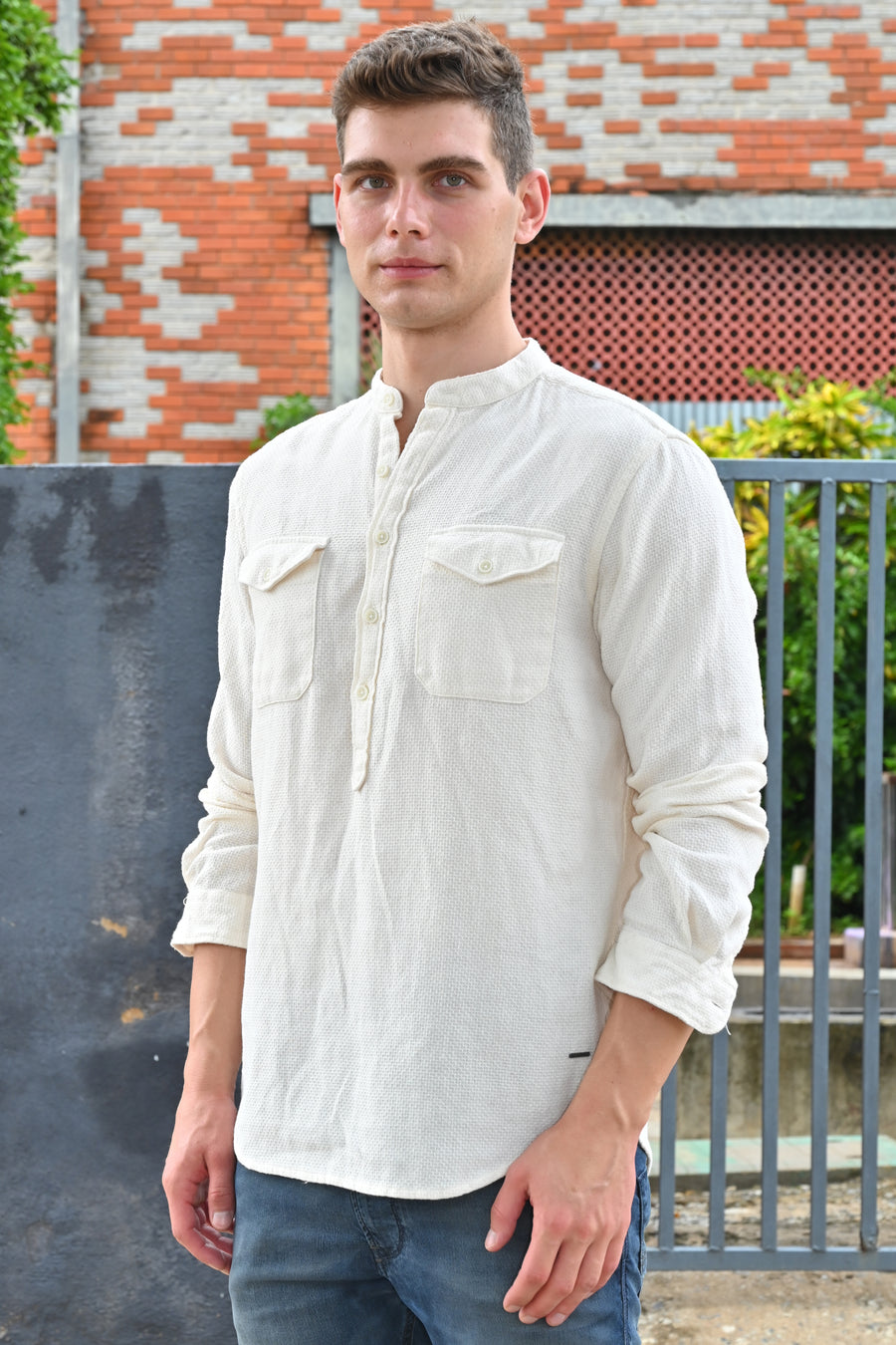 Joshua - Textured Kurta Pocketed Shirt - Off White