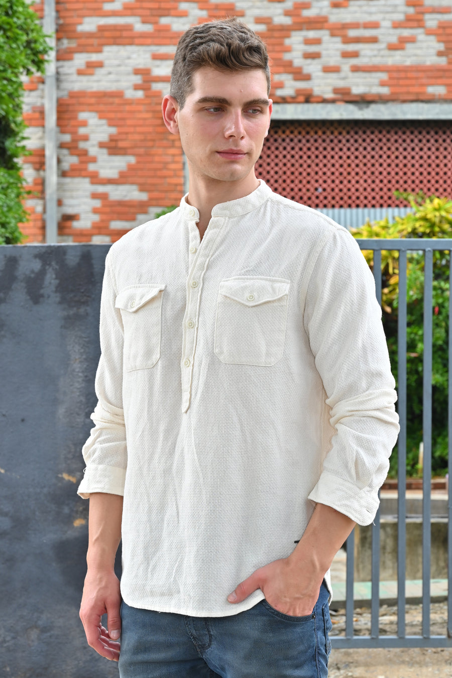 Joshua - Textured Kurta Pocketed Shirt - Off White