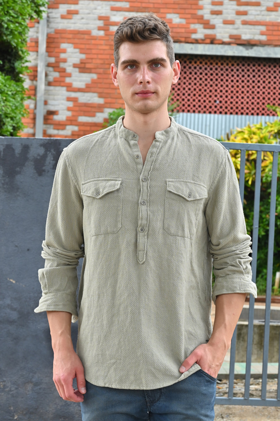 Joshua - Textured Kurta Pocketed Shirt - Pista