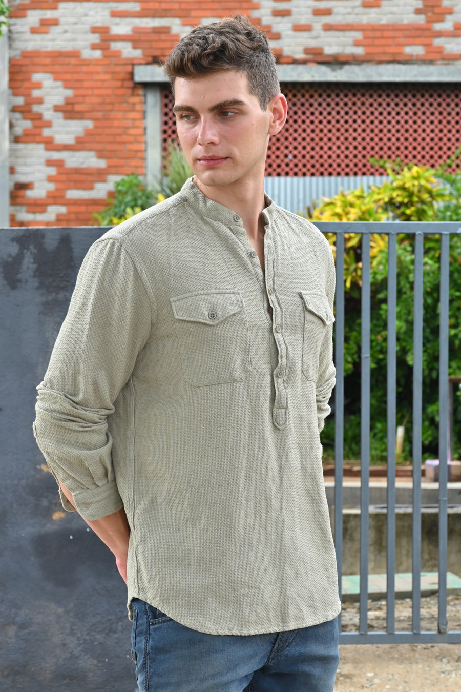 Joshua - Textured Kurta Pocketed Shirt - Pista