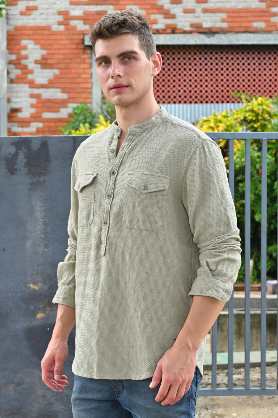 Joshua - Textured Kurta Pocketed Shirt - Pista