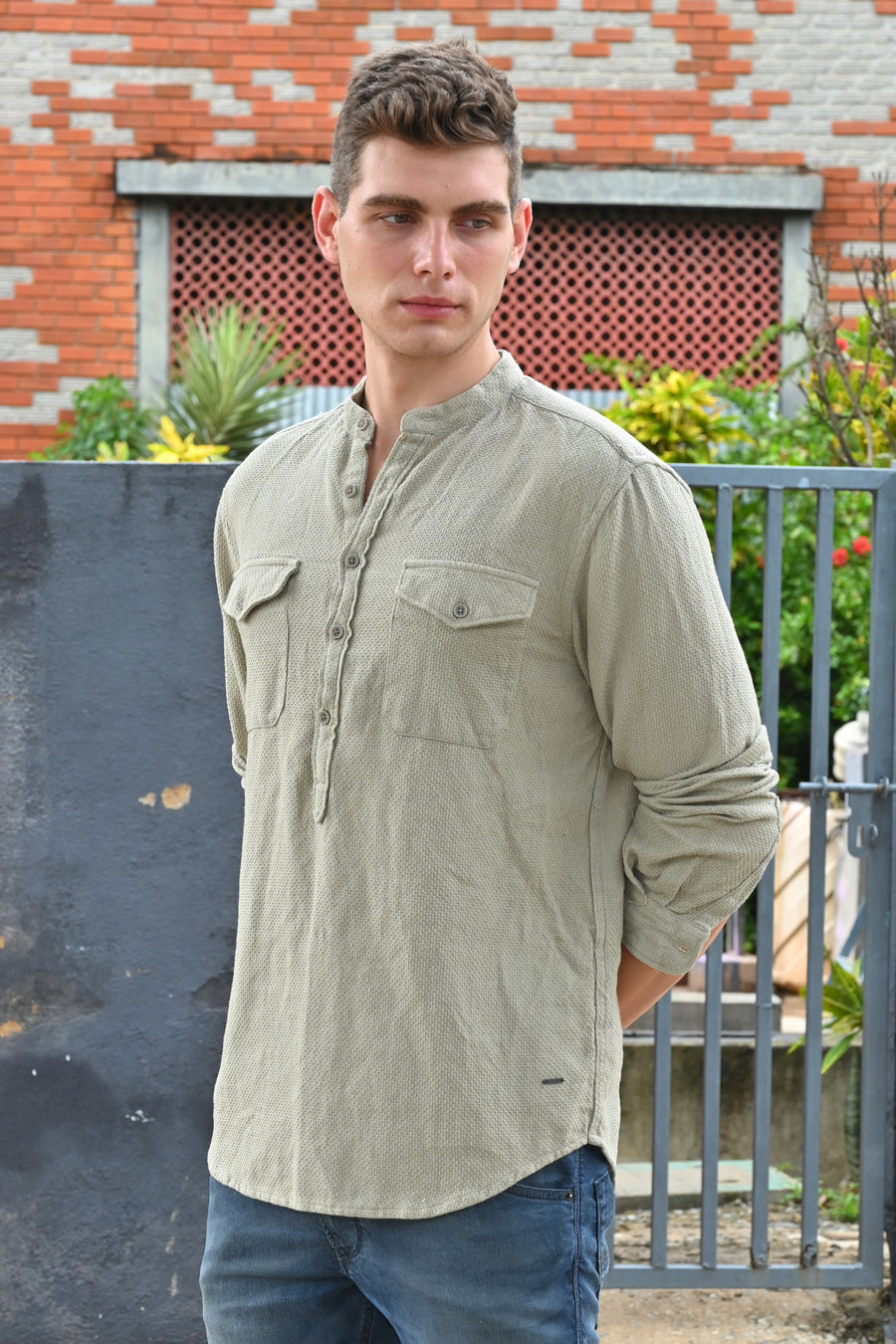 Joshua - Textured Kurta Pocketed Shirt - Pista