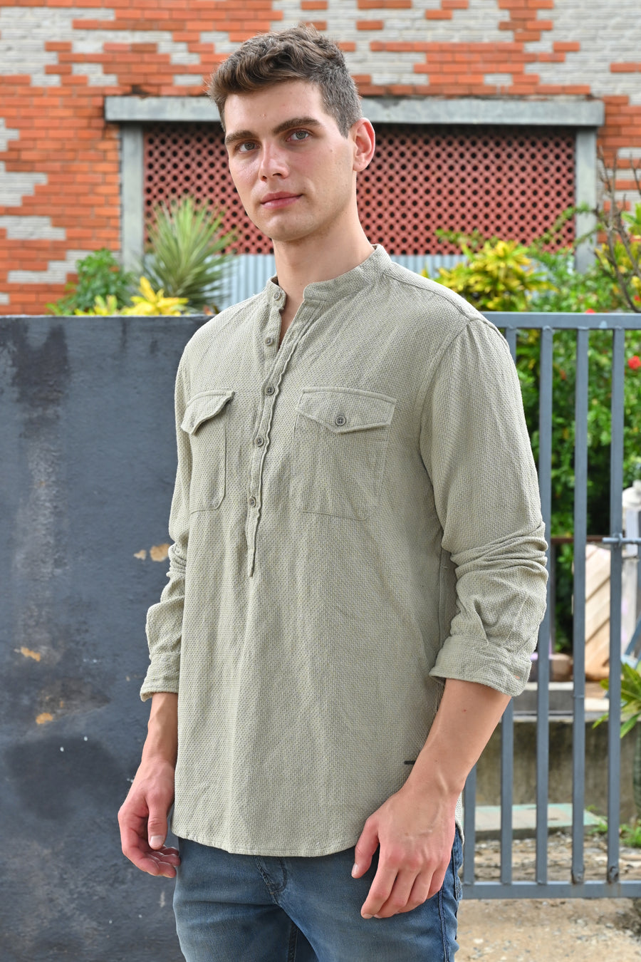 Joshua - Textured Kurta Pocketed Shirt - Pista