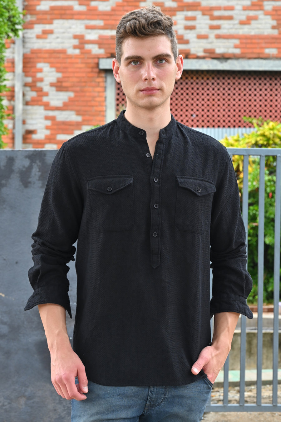 Joshua - Textured Kurta Pocketed Shirt - Black