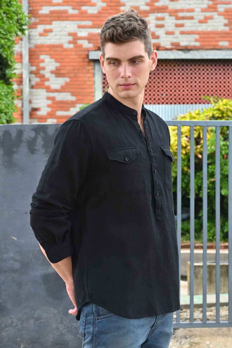 Joshua - Textured Kurta Pocketed Shirt - Black