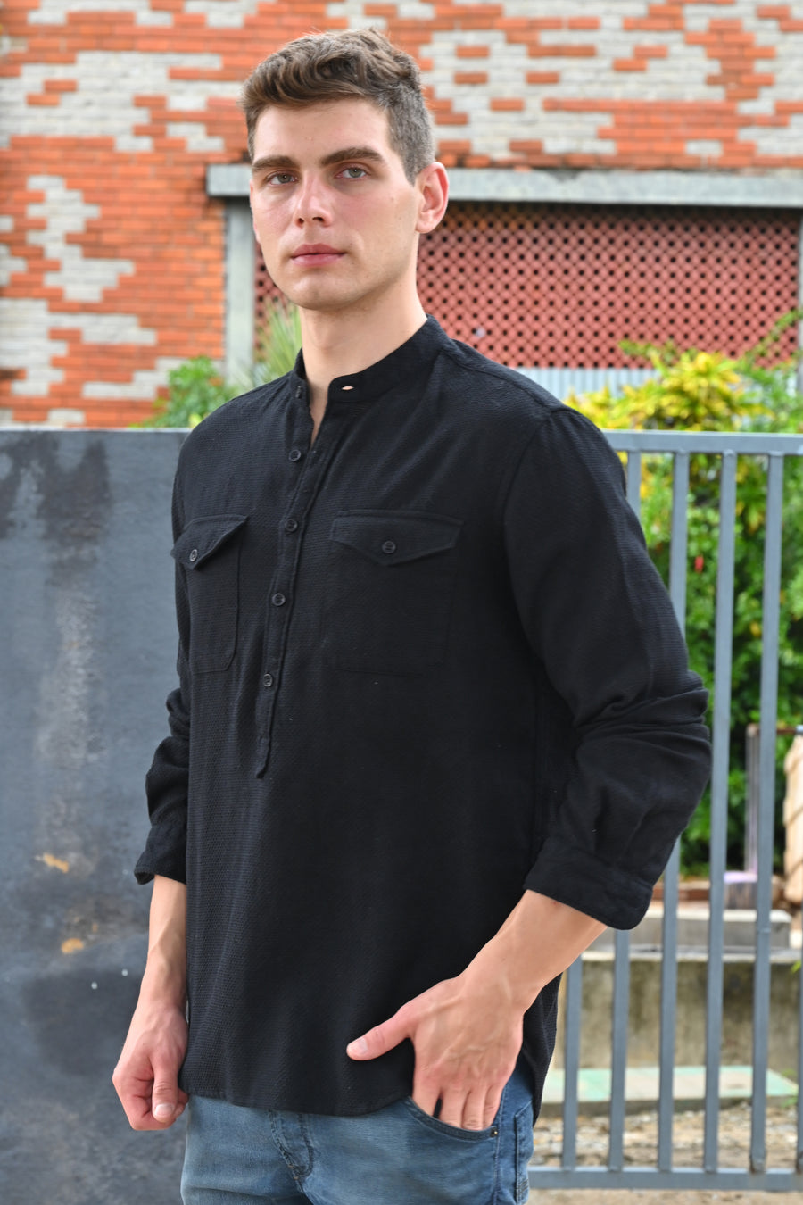 Joshua - Textured Kurta Pocketed Shirt - Black