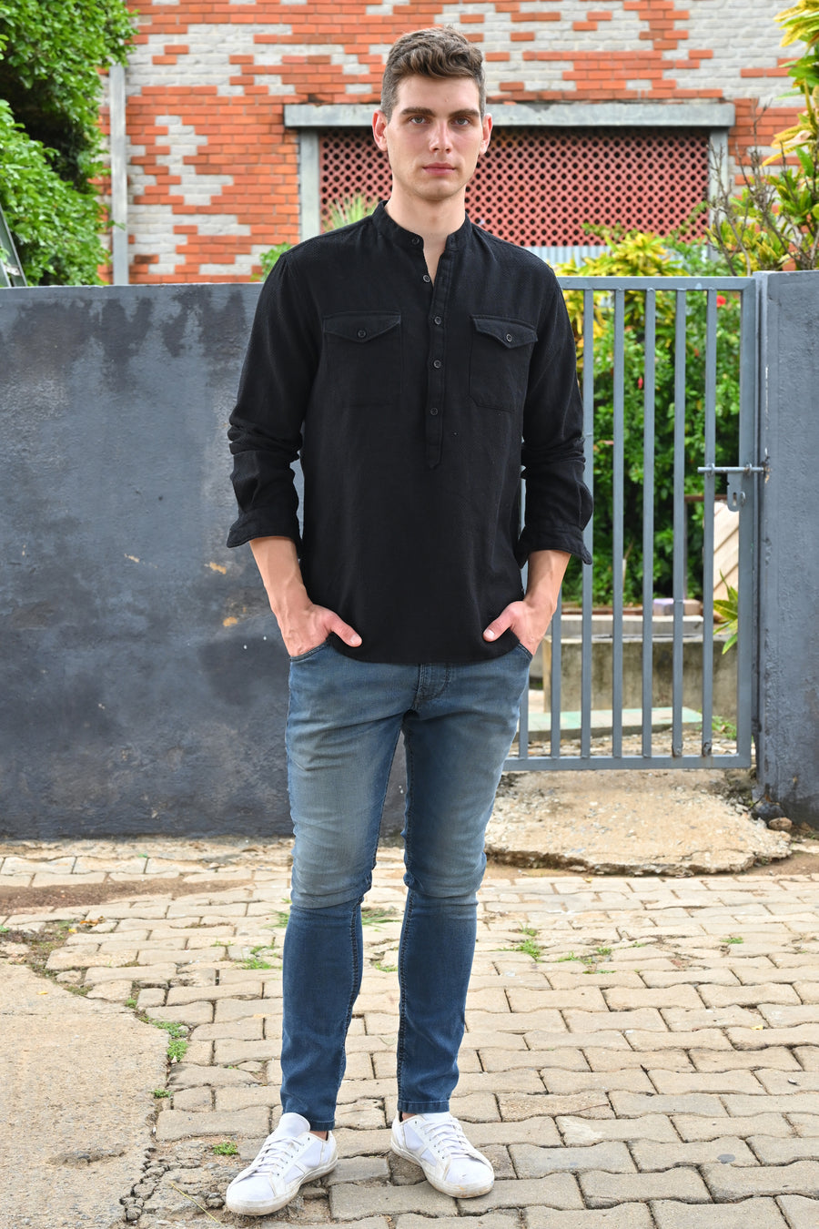 Joshua - Textured Kurta Pocketed Shirt - Black