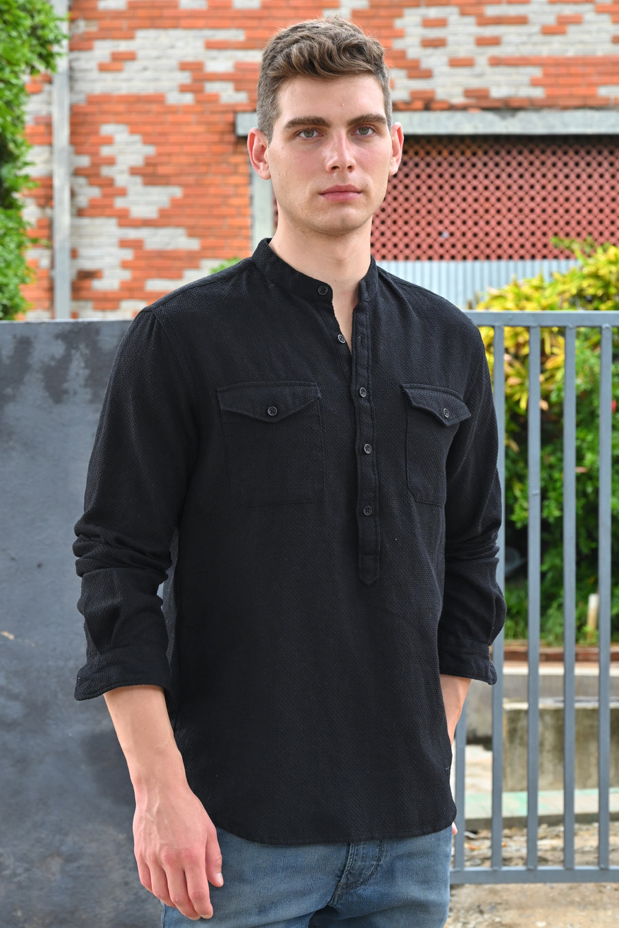 Joshua - Textured Kurta Pocketed Shirt - Black