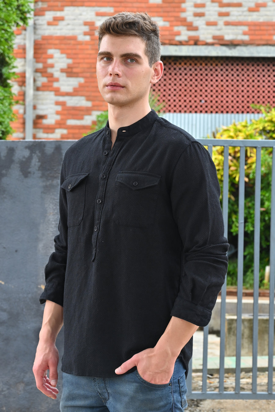 Joshua - Textured Kurta Pocketed Shirt - Black