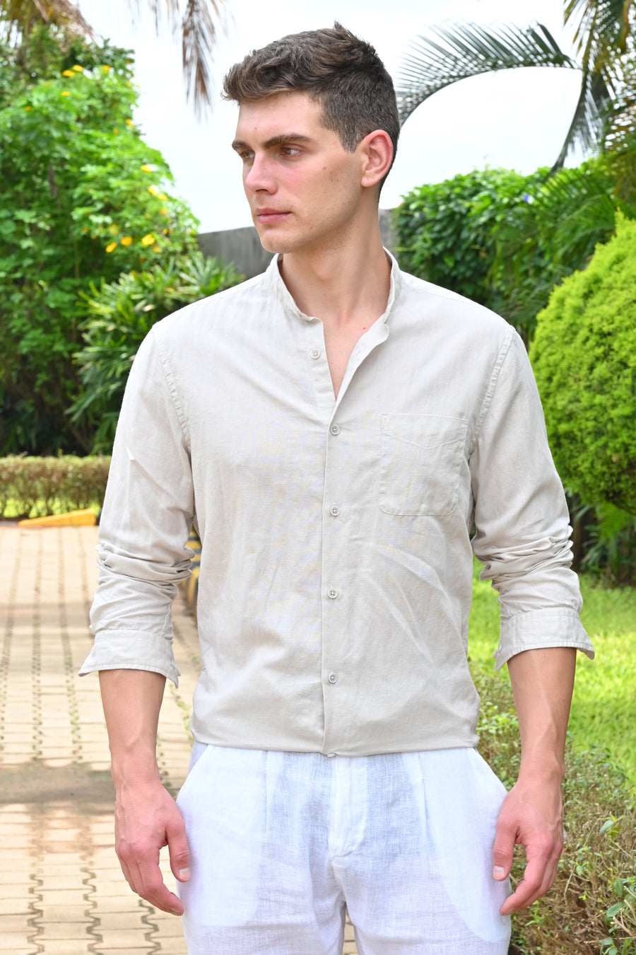 Theme - Cotton Linen Solid Shirt With Mao Collar - Lt Beige