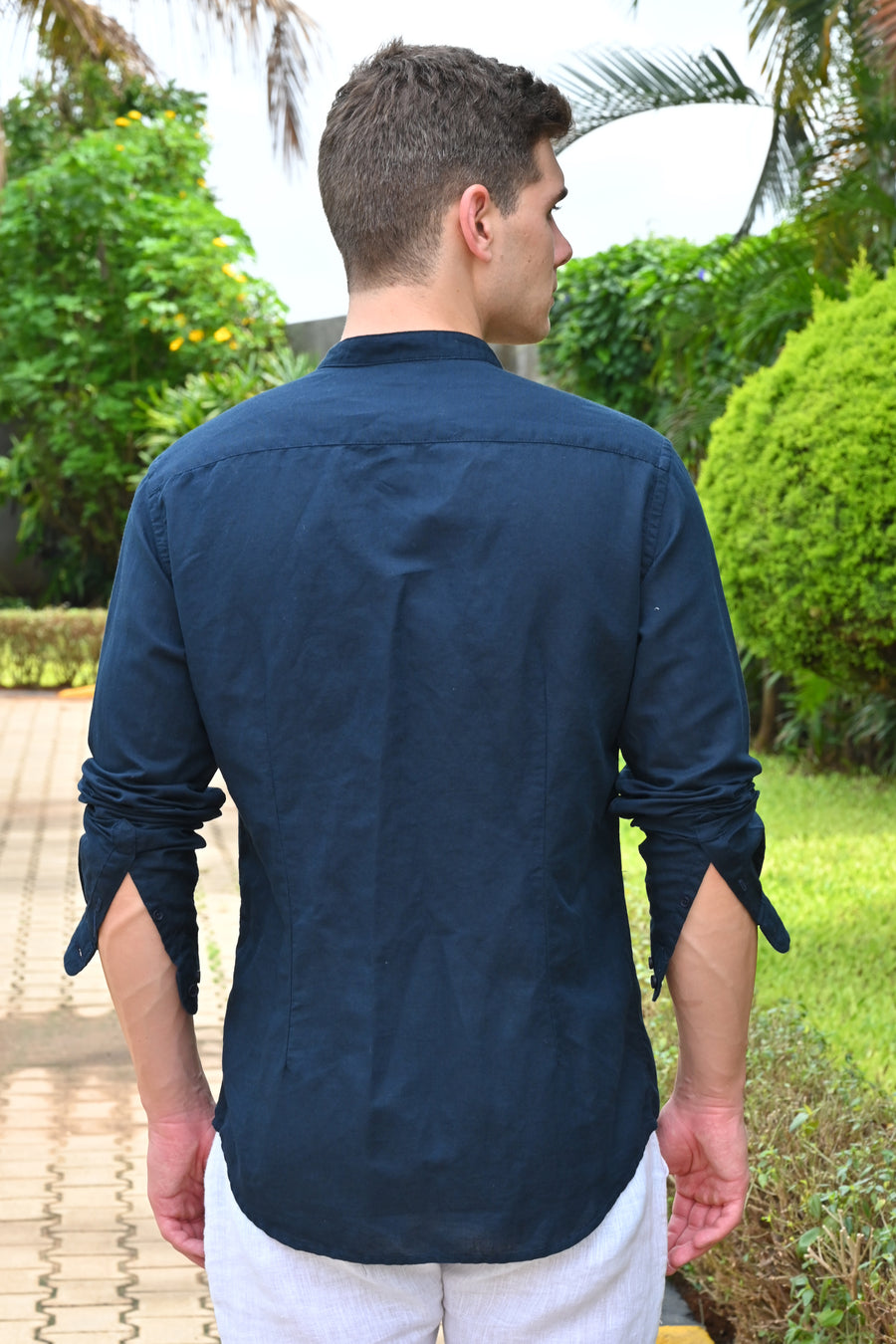 Theme - Cotton Linen Solid Shirt With Mao Collar - Navy