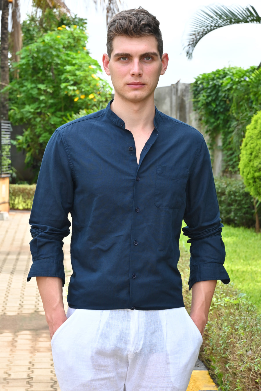 Theme - Cotton Linen Solid Shirt With Mao Collar - Navy