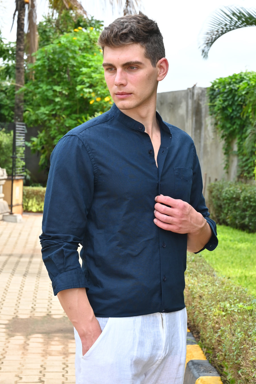 Theme - Cotton Linen Solid Shirt With Mao Collar - Navy