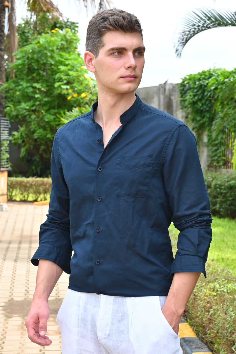 Theme - Cotton Linen Solid Shirt With Mao Collar - Navy