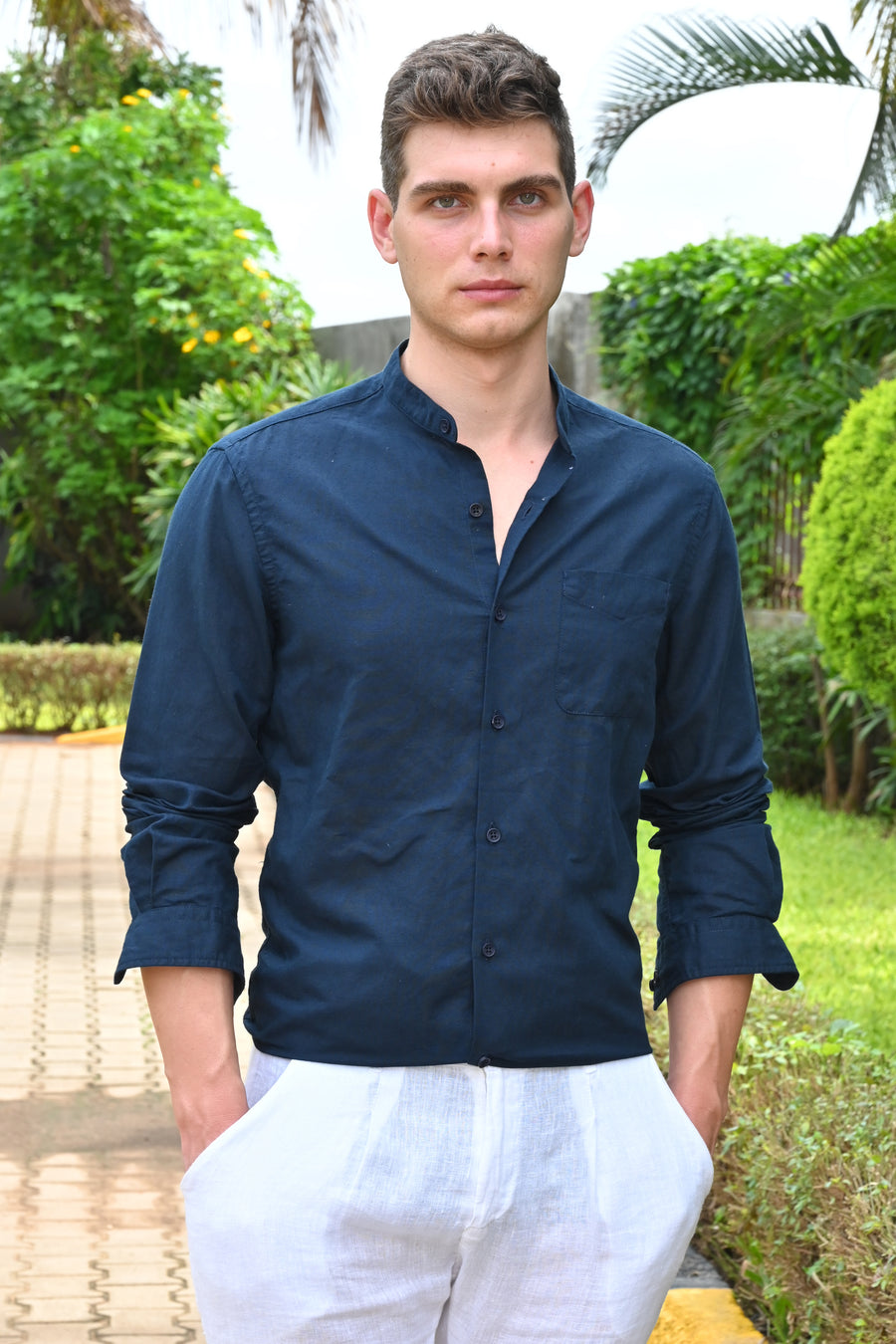 Theme - Cotton Linen Solid Shirt With Mao Collar - Navy