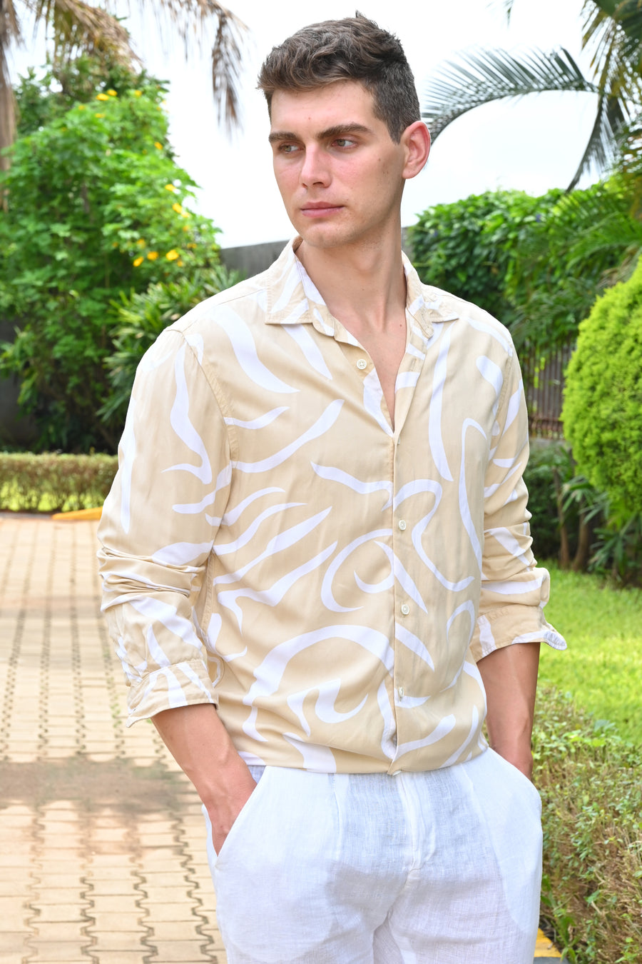 Cadman - Viscose Abstract Print Shirt - Beige