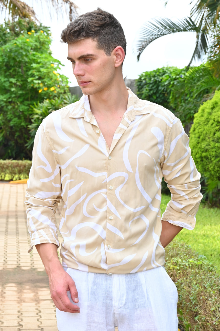 Cadman - Viscose Abstract Print Shirt - Beige