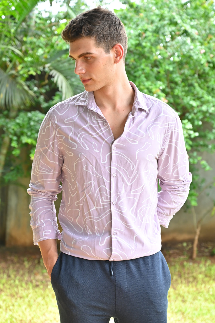 Focus - Viscose Abstract Print Shirt - Lavender