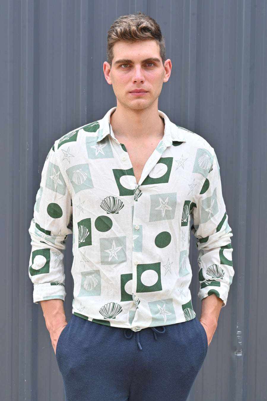 Hira - Cotton Linen Printed Shirt - Green