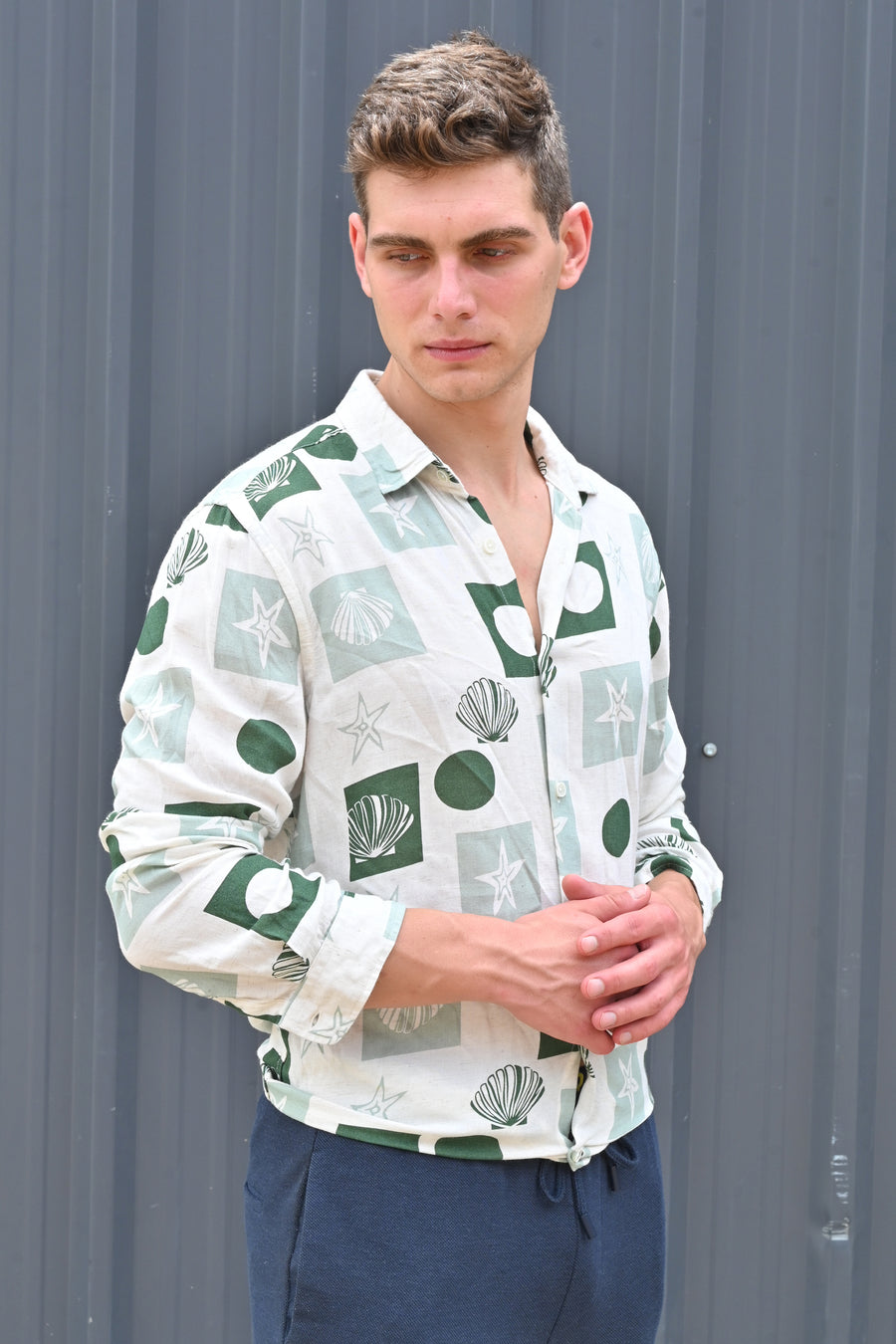 Hira - Cotton Linen Printed Shirt - Green