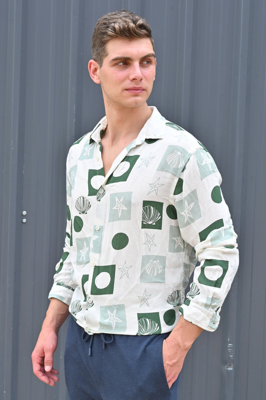 Hira - Cotton Linen Printed Shirt - Green