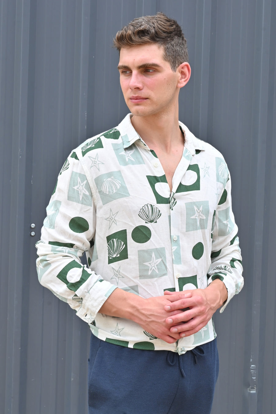 Hira - Cotton Linen Printed Shirt - Green