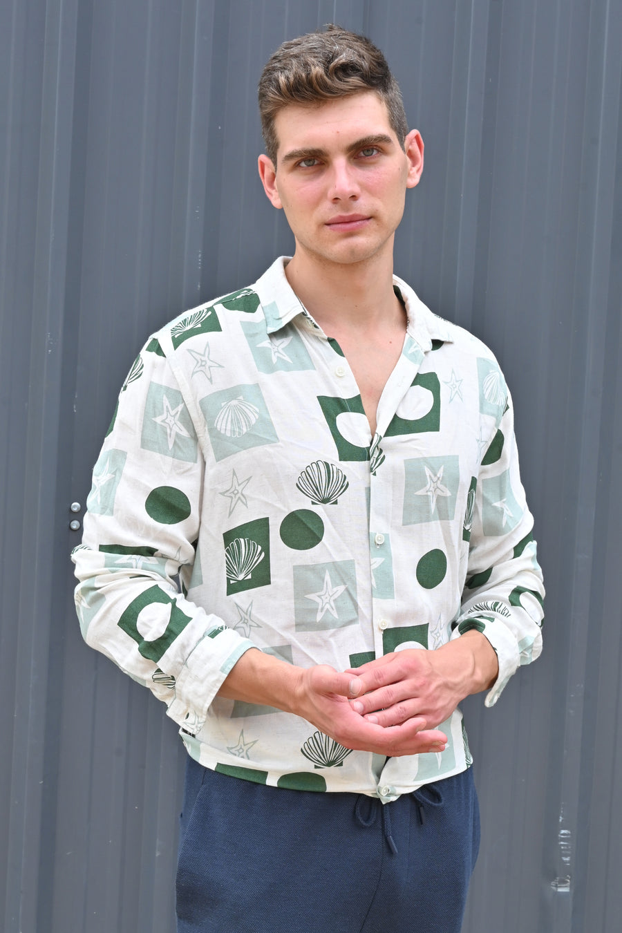 Hira - Cotton Linen Printed Shirt - Green