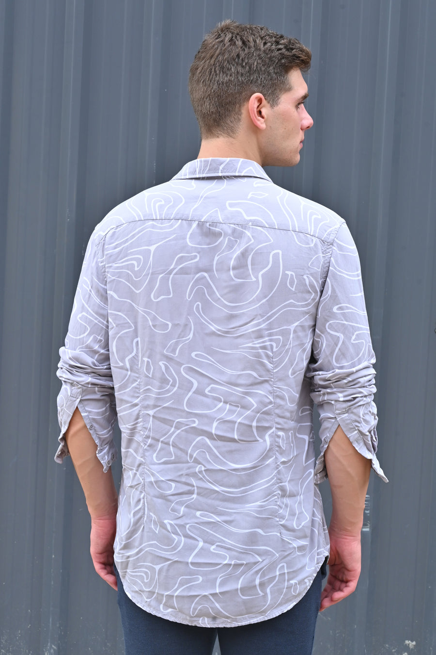 Focus - Viscose Abstract Print Shirt - Grey