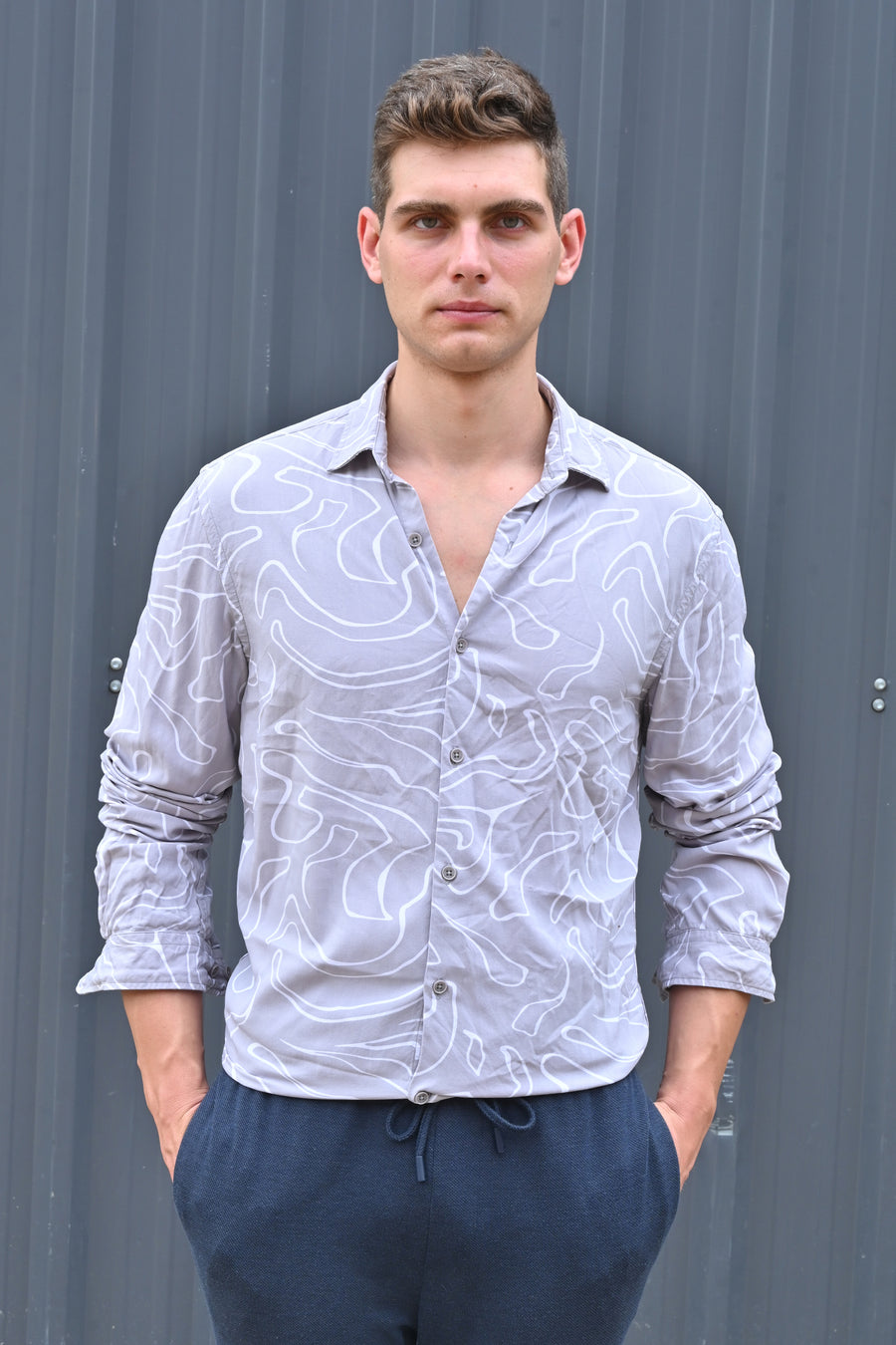 Focus - Viscose Abstract Print Shirt - Grey