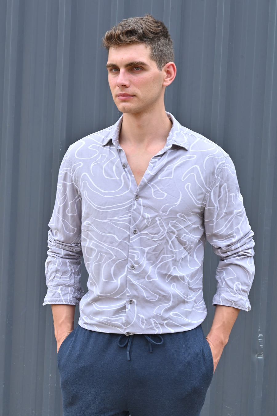 Focus - Viscose Abstract Print Shirt - Grey