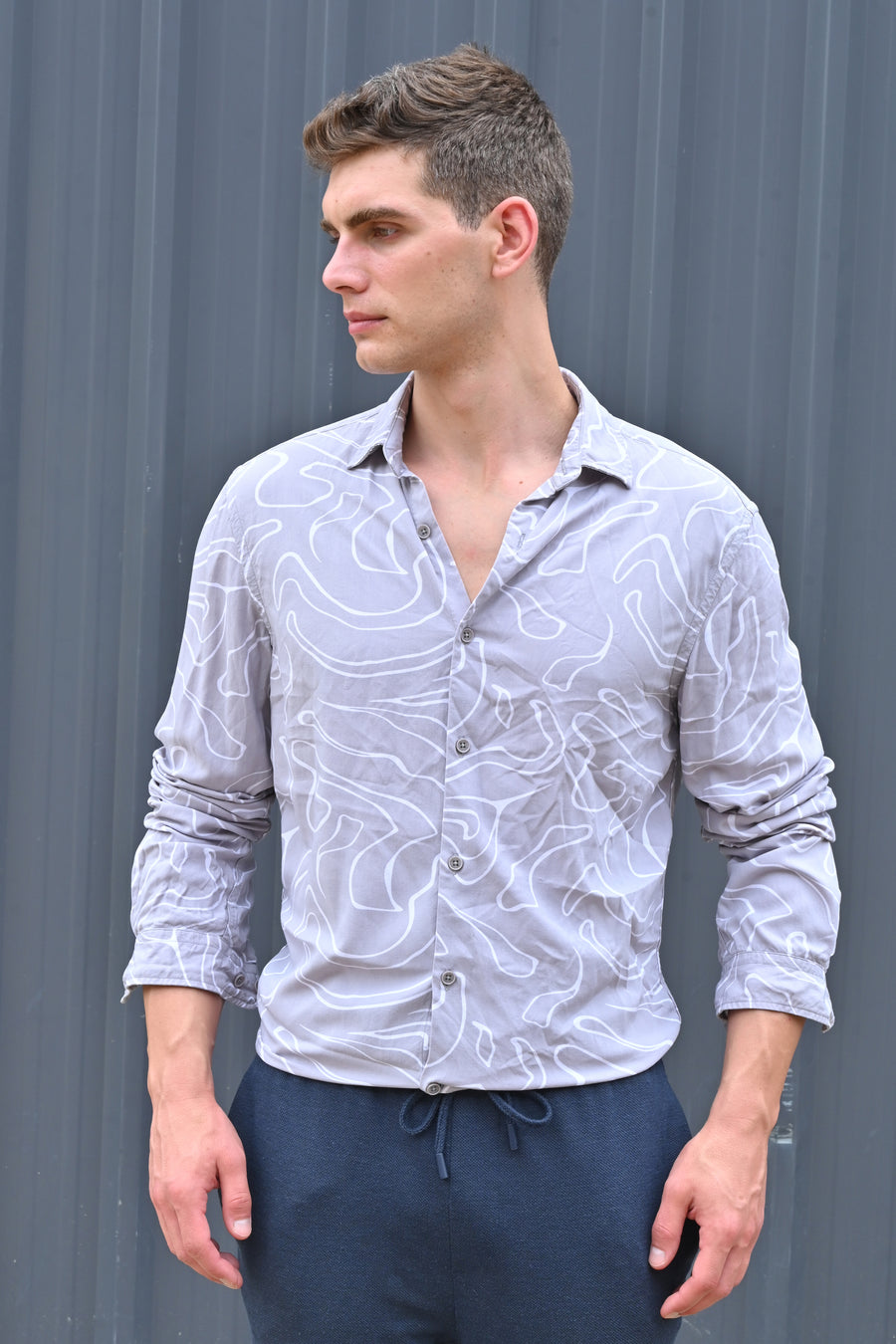 Focus - Viscose Abstract Print Shirt - Grey