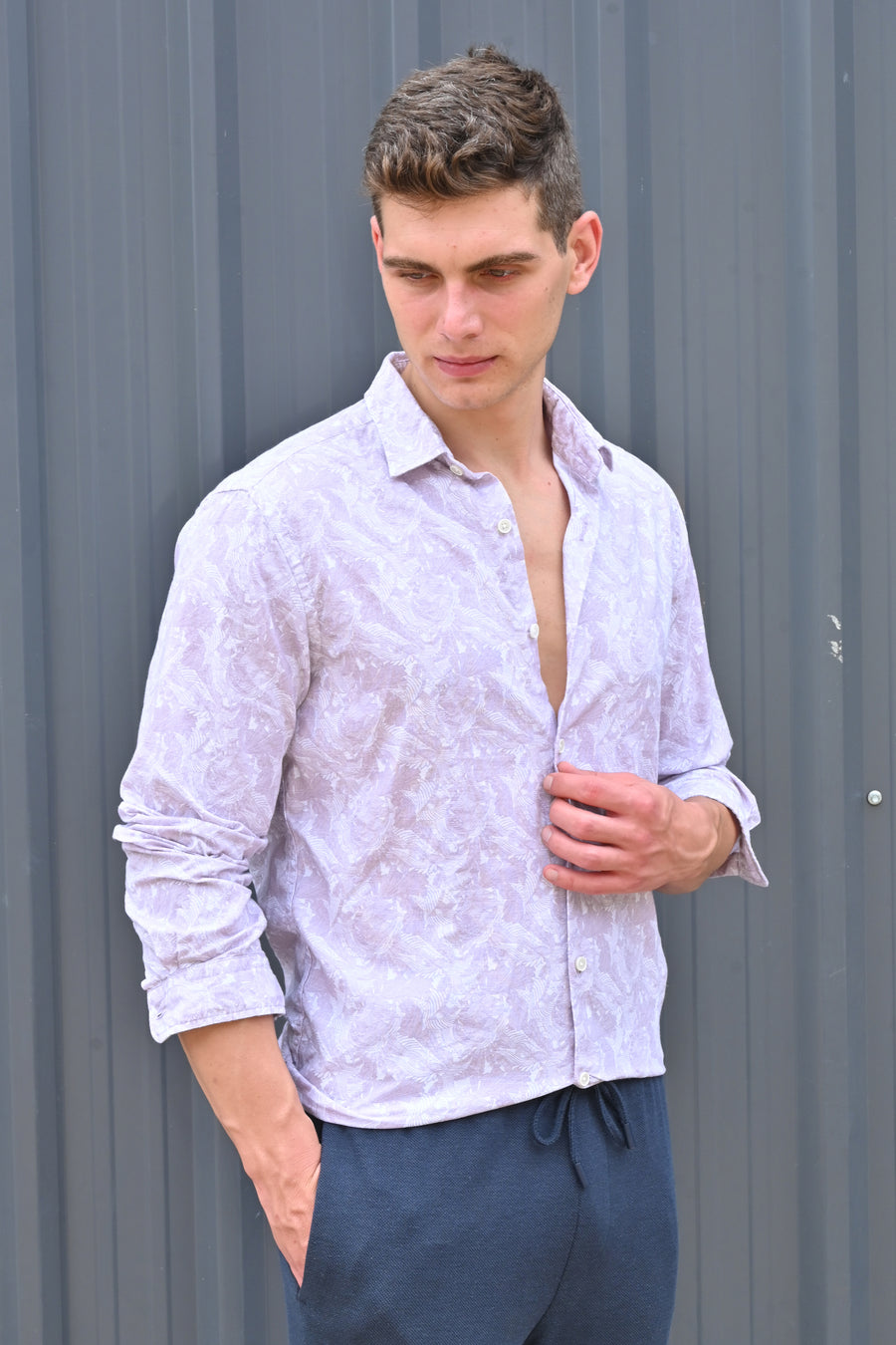 Classic - Cotton Linen Printed Shirt - Lavender