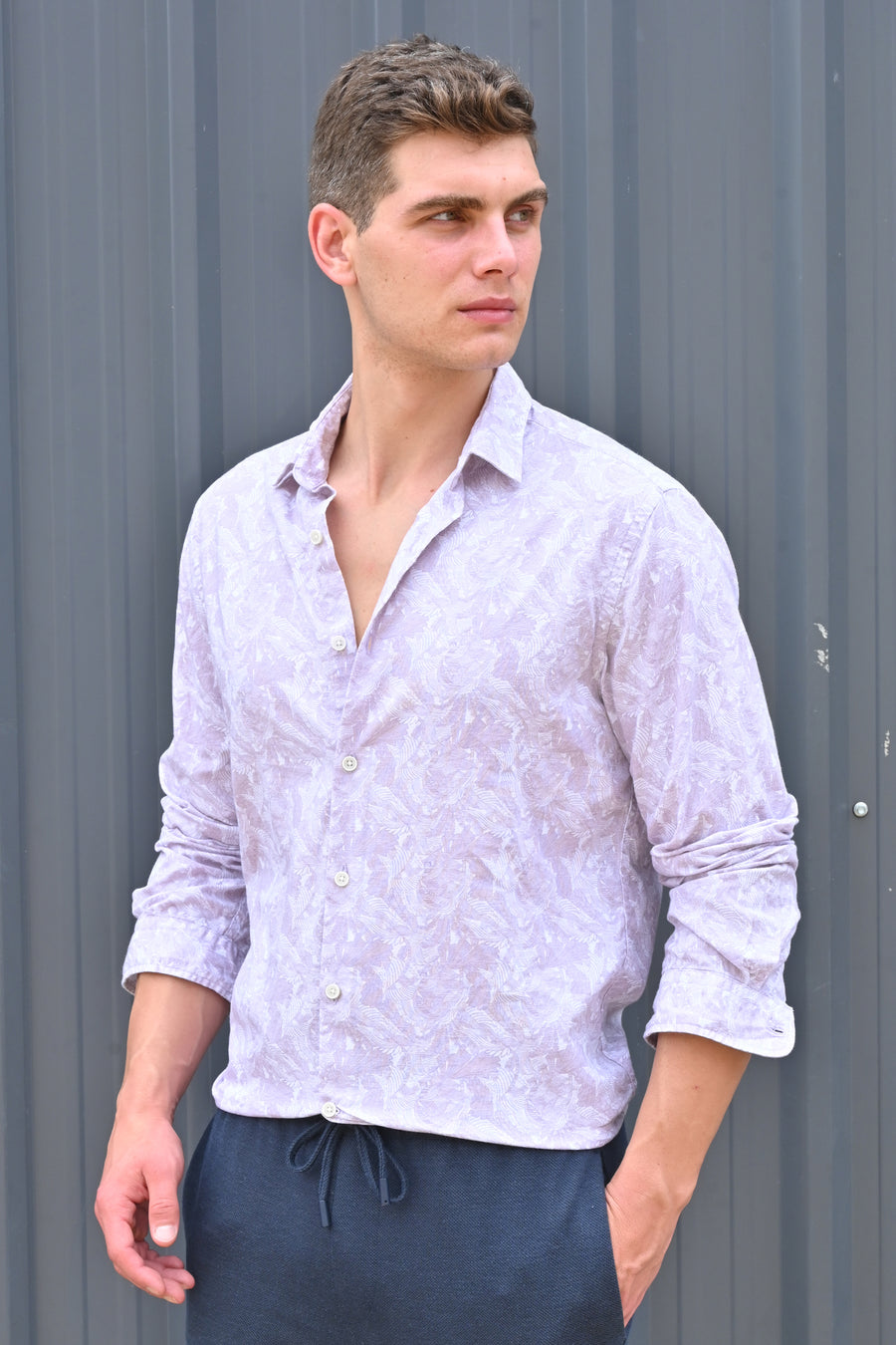 Classic - Cotton Linen Printed Shirt - Lavender