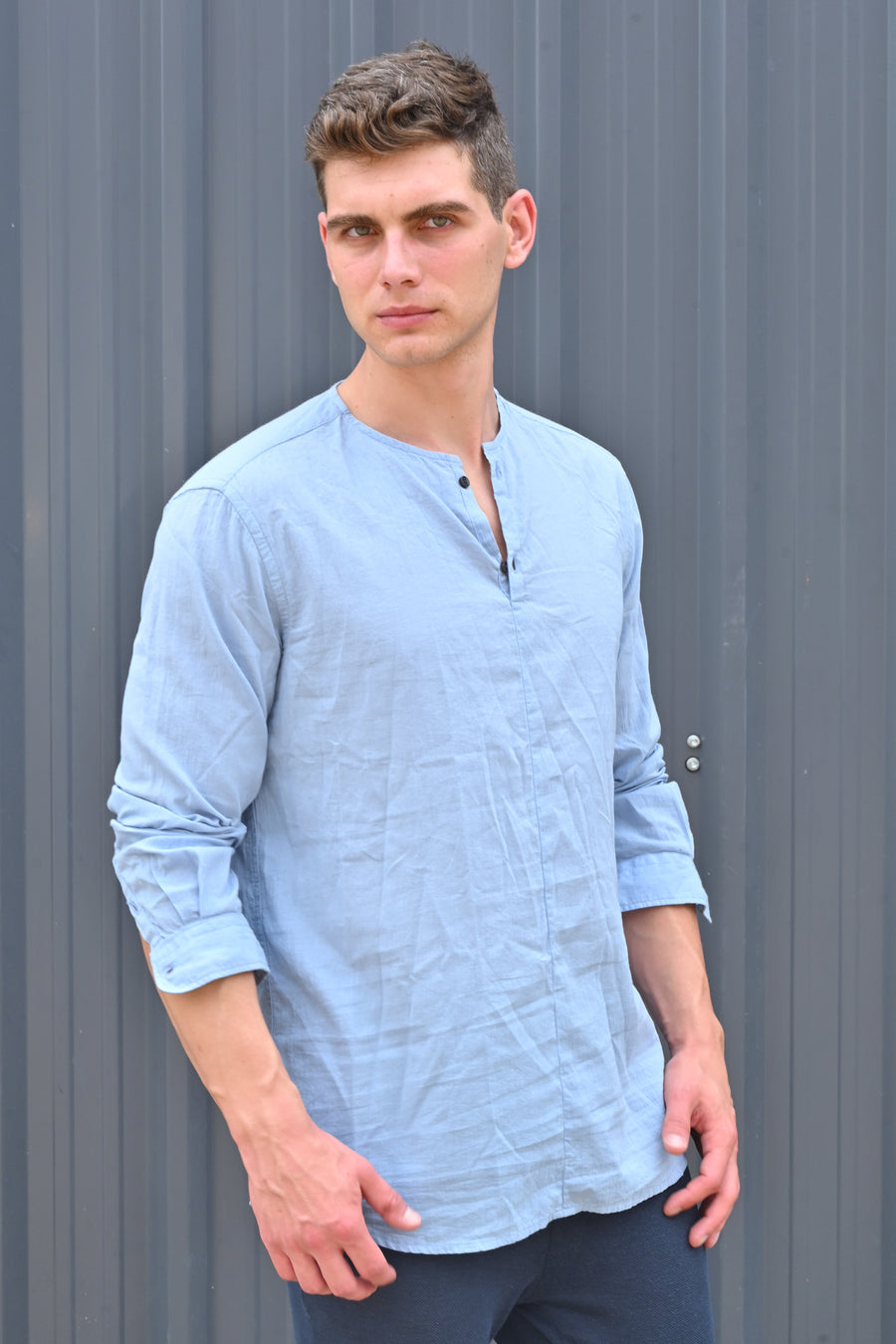 Gaston - Cotton Crinkle Kurta Shirt - Blue