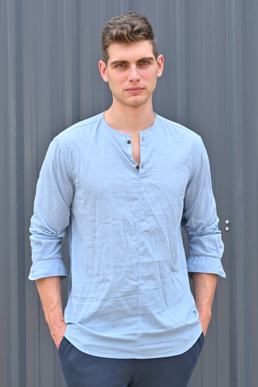 Gaston - Cotton Crinkle Kurta Shirt - Blue