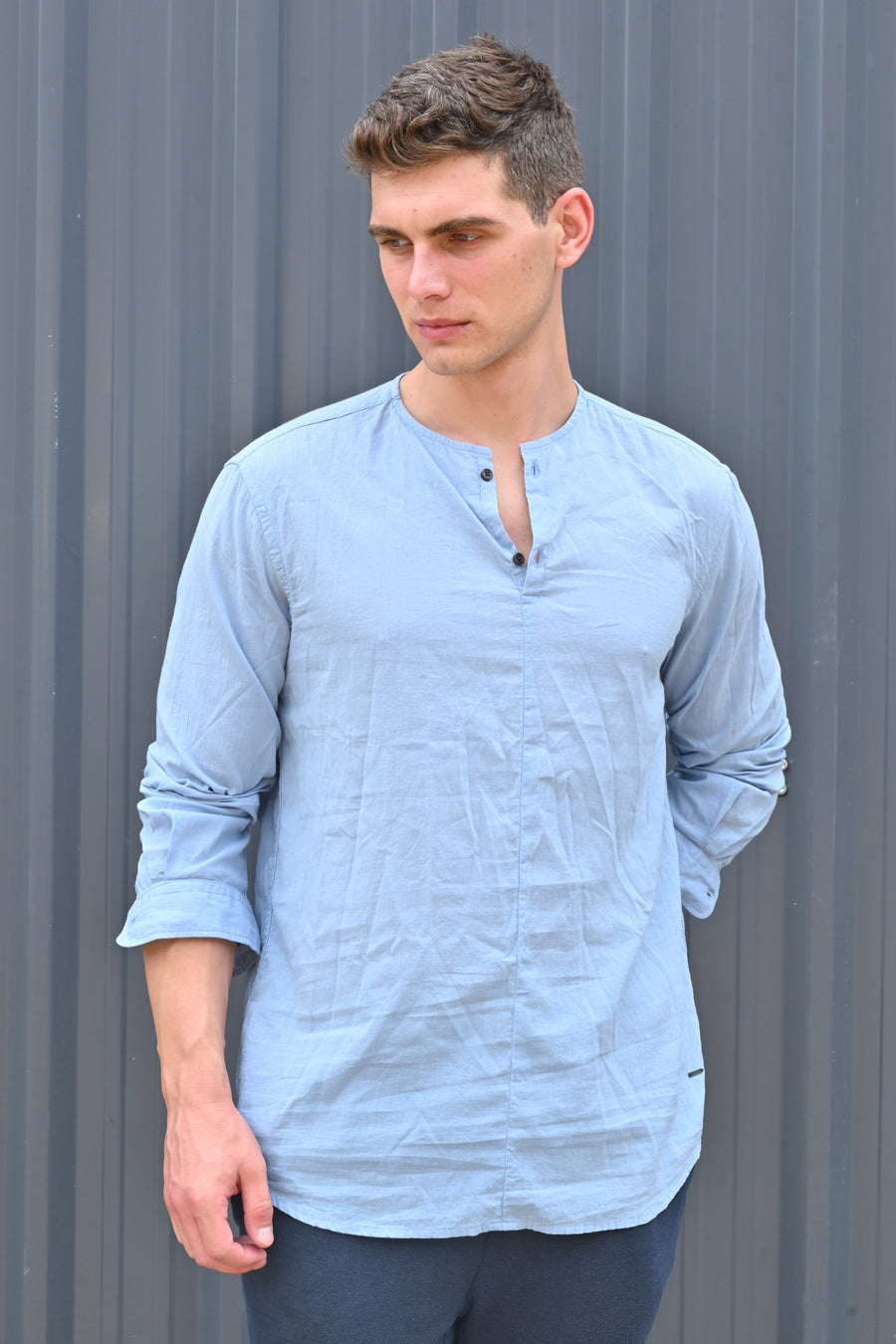 Gaston - Cotton Crinkle Kurta Shirt - Blue