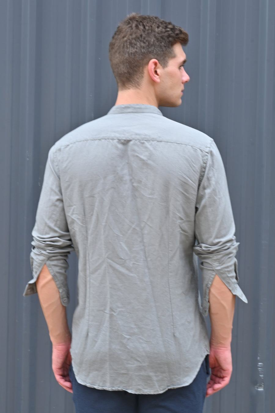 Theme - Cotton Linen Solid Shirt With Mao Collar - Grey