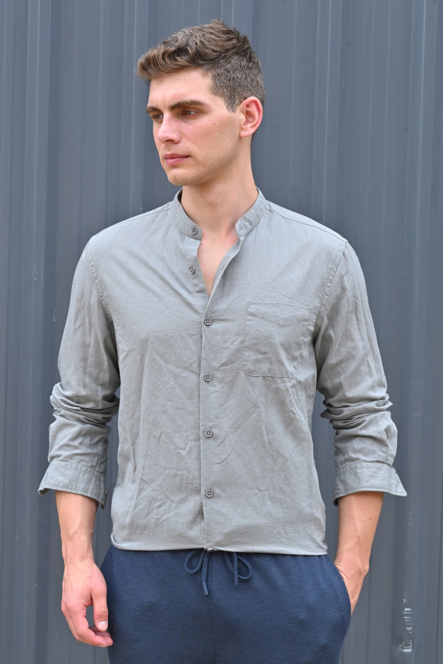 Theme - Cotton Linen Solid Shirt With Mao Collar - Grey