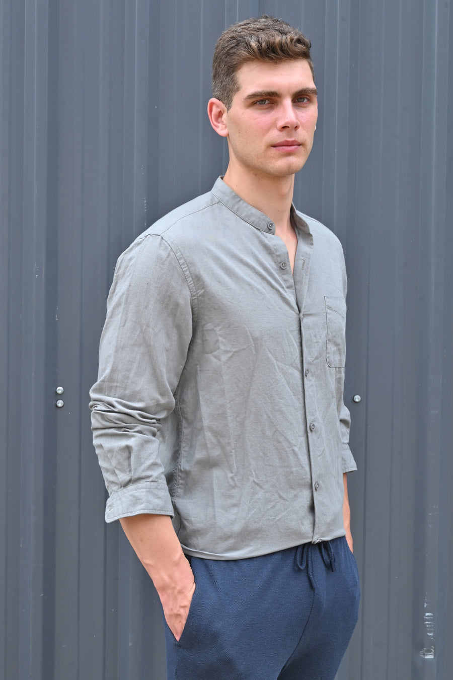 Theme - Cotton Linen Solid Shirt With Mao Collar - Grey