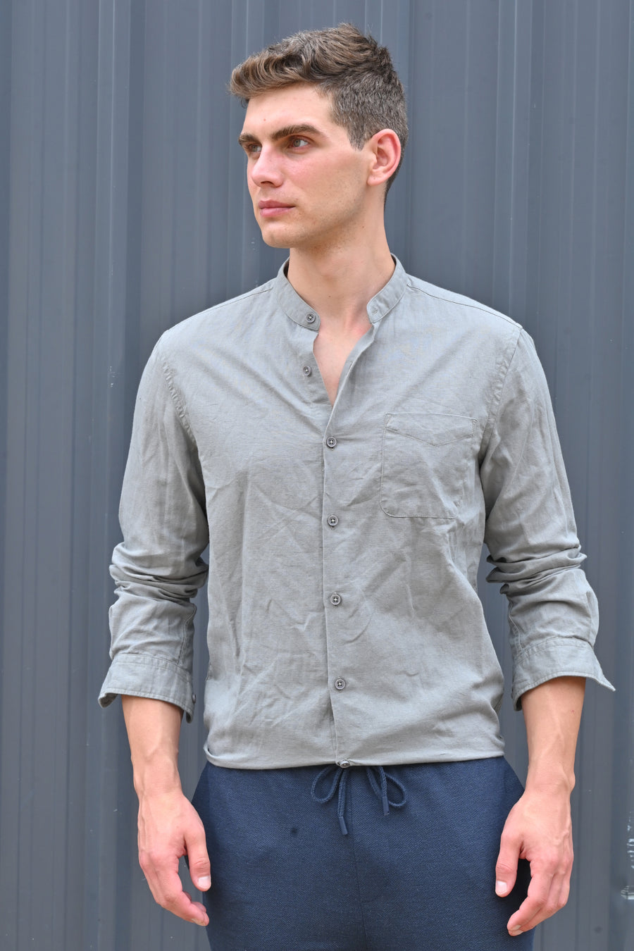 Theme - Cotton Linen Solid Shirt With Mao Collar - Grey