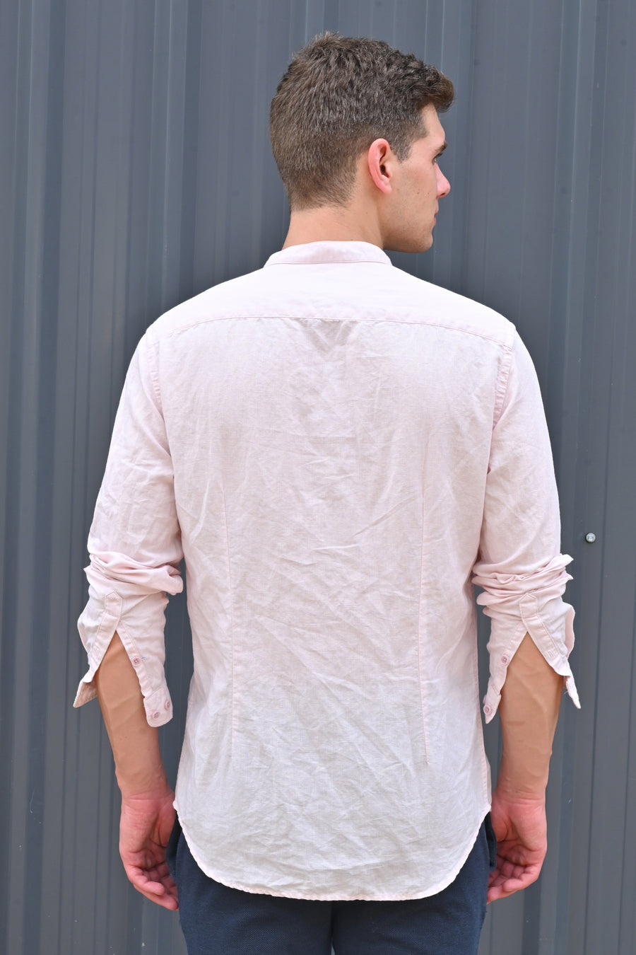 Theme - Cotton Linen Solid Shirt With Mao Collar - Pink