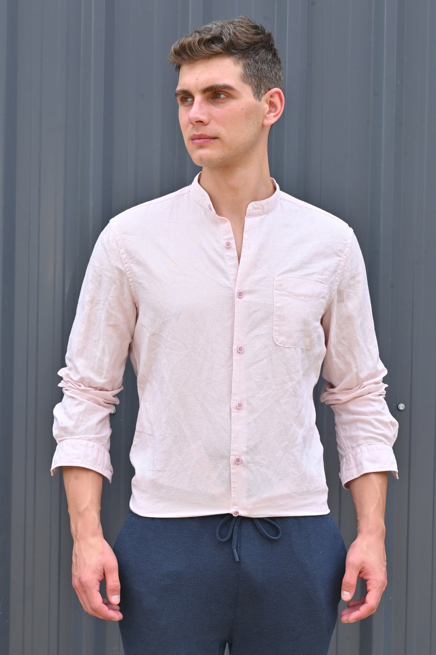 Theme - Cotton Linen Solid Shirt With Mao Collar - Pink