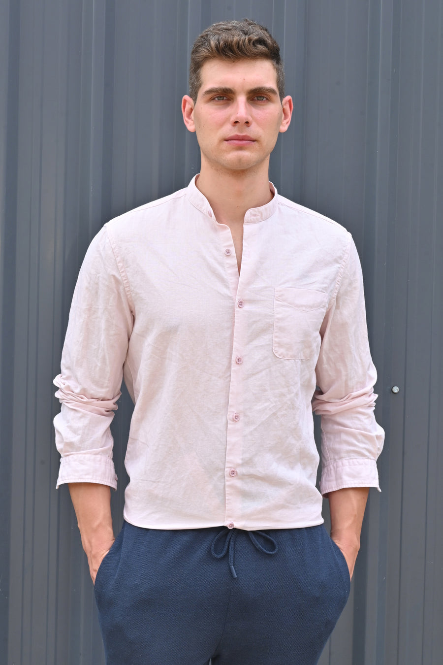 Theme - Cotton Linen Solid Shirt With Mao Collar - Pink